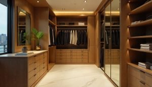 high-end sliding door kit installation in luxury walk-in closet with mirror panels
