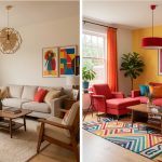 A before-and-after comparison of a living room transformation showing dull space converted into a vibrant, well-designed area