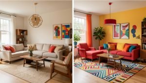 A before-and-after comparison of a living room transformation showing dull space converted into a vibrant, well-designed area