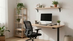A functional home office setup that's both aesthetically pleasing and ergonomically designed