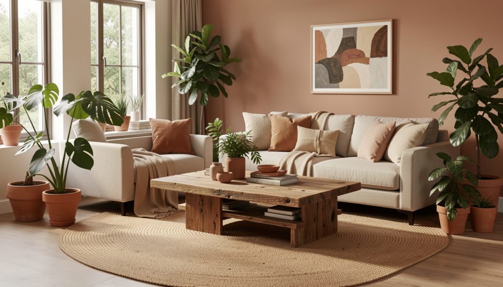 A modern living room featuring earthy tones with a reclaimed wood coffee table, jute rug, and plants in terracotta pots