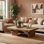 A modern living room featuring earthy tones with a reclaimed wood coffee table, jute rug, and plants in terracotta pots