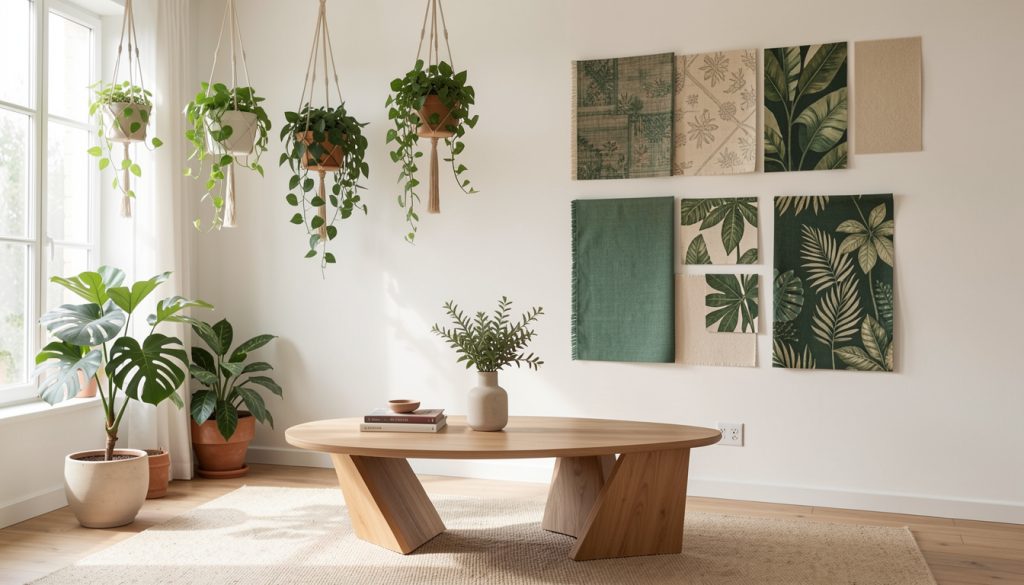 A mood board showing current interior design trends including plants, sustainable materials, and modern furniture pieces