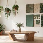 A mood board showing current interior design trends including plants, sustainable materials, and modern furniture pieces