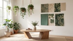 A mood board showing current interior design trends including plants, sustainable materials, and modern furniture pieces