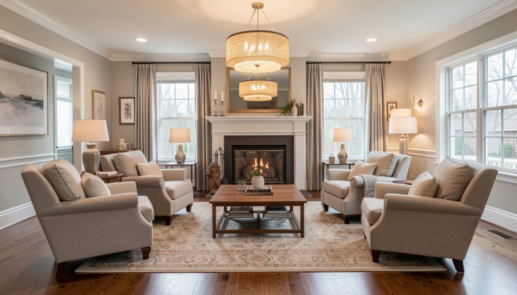 A well-balanced living room showing symmetrical furniture arrangement with a focal point fireplace