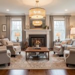 A well-balanced living room showing symmetrical furniture arrangement with a focal point fireplace