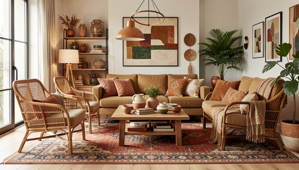 An eclectic living room blending modern, vintage, and bohemian elements with varied textures