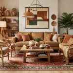 An eclectic living room blending modern, vintage, and bohemian elements with varied textures