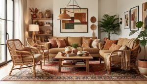 An eclectic living room blending modern, vintage, and bohemian elements with varied textures