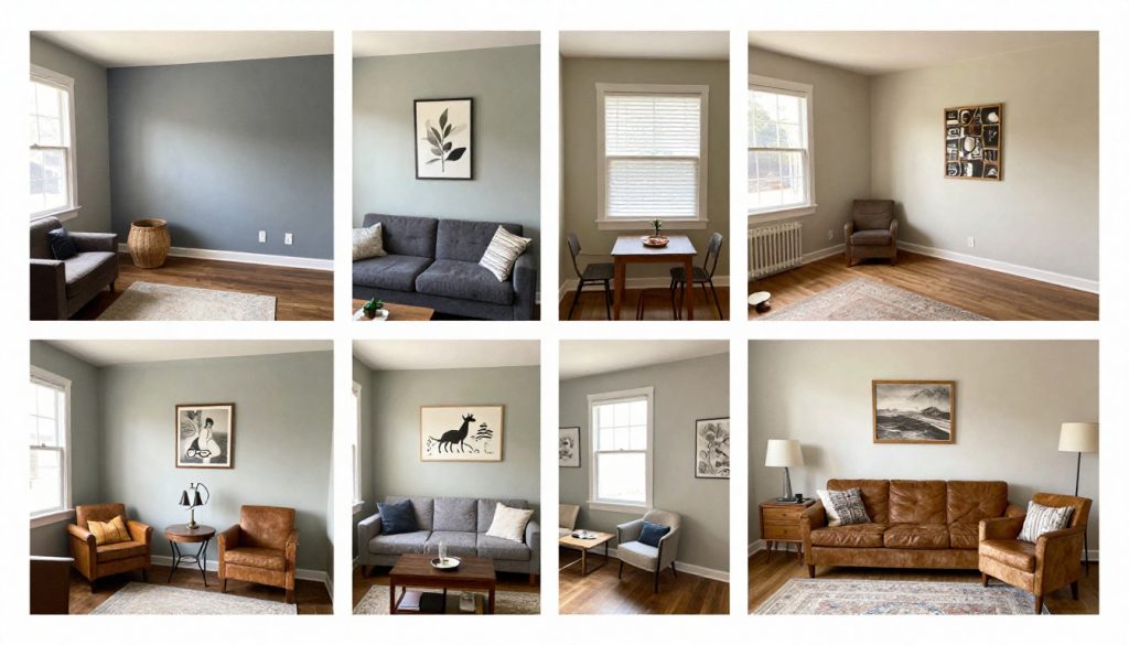 Before-and-after room makeover collage showing painted walls, rearranged furniture, DIY artwork, thrifted accessories, daytime lighting