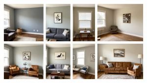 Before-and-after room makeover collage showing painted walls, rearranged furniture, DIY artwork, thrifted accessories, daytime lighting