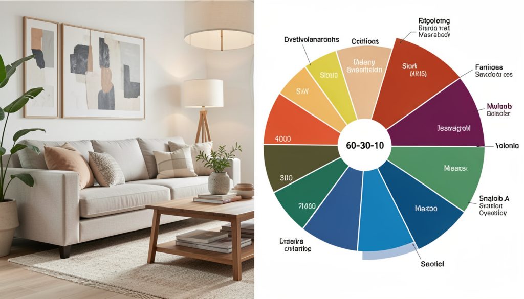 Color wheel diagram alongside a room showcasing the 60-30-10 color rule in action