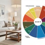 Color wheel diagram alongside a room showcasing the 60-30-10 color rule in action