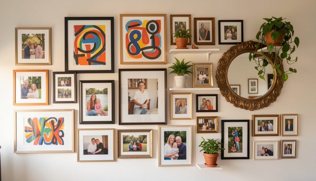 eclectic gallery wall showcasing mixed-size frames, bold abstract pieces, warm family photos, round decorative mirror, potted plants on shelves