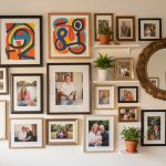 eclectic gallery wall showcasing mixed-size frames, bold abstract pieces, warm family photos, round decorative mirror, potted plants on shelves