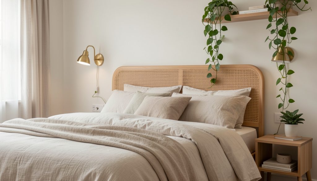 serene bedroom with linen bedding in neutral tones, wall-mounted brass reading lights, rattan headboard, trailing pothos