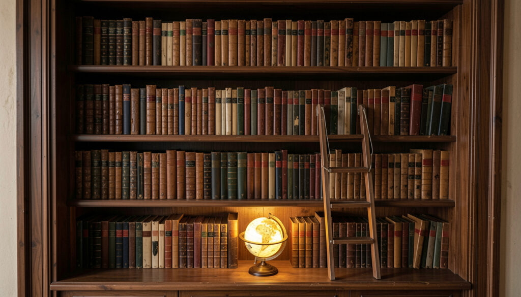 A built-in bookshelf filled with leather-bound books, a small ladder, and a globe on the lower shelf.