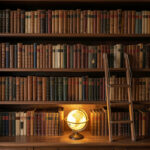 A built-in bookshelf filled with leather-bound books, a small ladder, and a globe on the lower shelf.