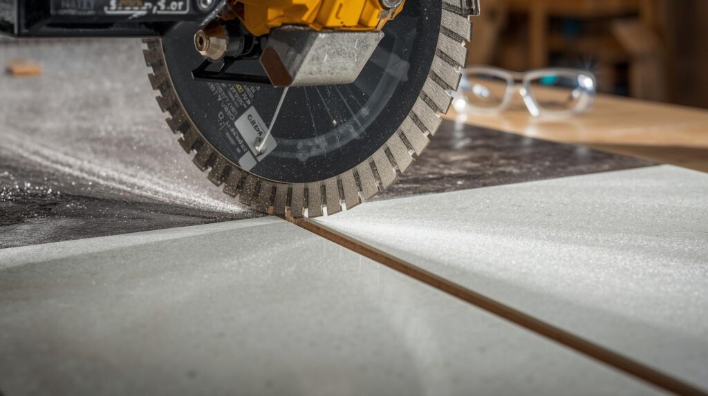 A close-up of a wet tile saw cutting a large-format porcelain tile cleanly, with water cooling the blade and safety glasses visible in the background.
