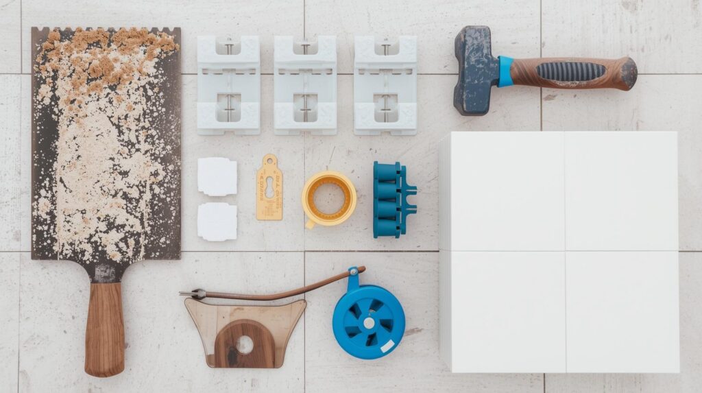 A complete set of tile installation tools laid out on a clean subfloor, including a notched trowel, tile spacers, rubber mallet, grout float, chalk line, and porcelain tiles.