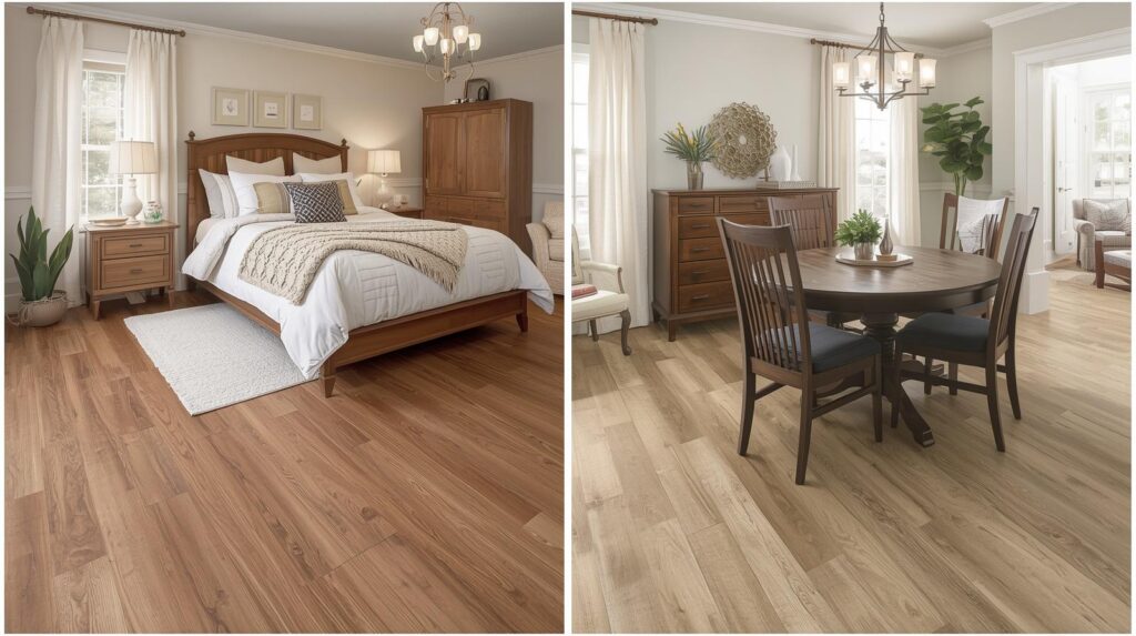 A cozy home interior showing vinyl plank flooring in a bedroom contrasted with laminate in a dining area, highlighting different comfort and aesthetic applications.