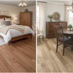 A cozy home interior showing vinyl plank flooring in a bedroom contrasted with laminate in a dining area, highlighting different comfort and aesthetic applications.