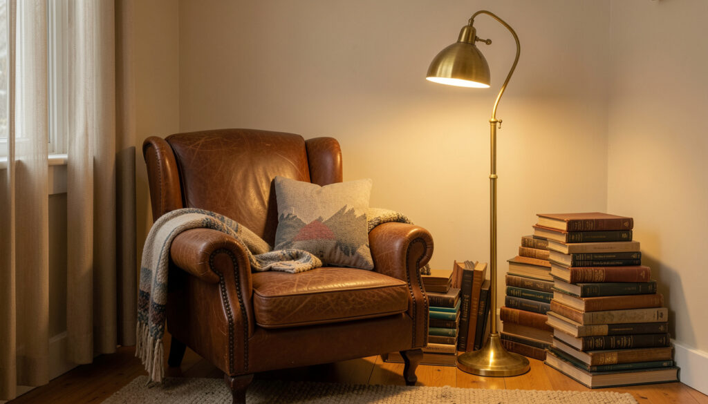 A cozy reading nook with a leather armchair, stacked vintage books, and a brass floor lamp casting warm light.