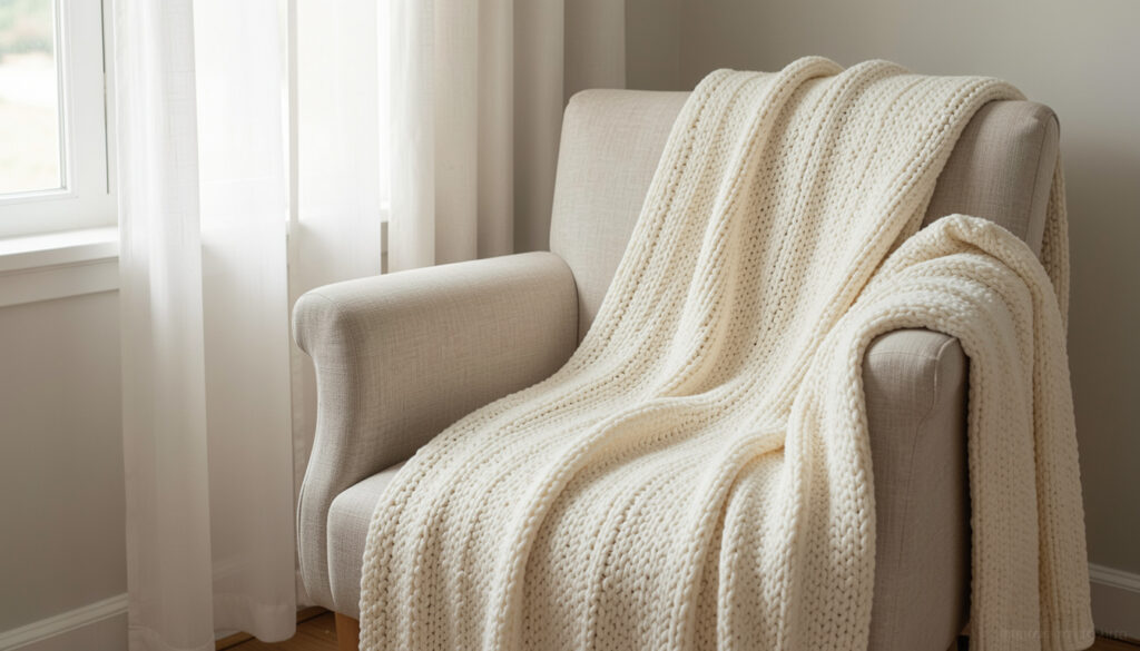  A cream knit throw draped over a linen armchair near a window with sheer curtains.