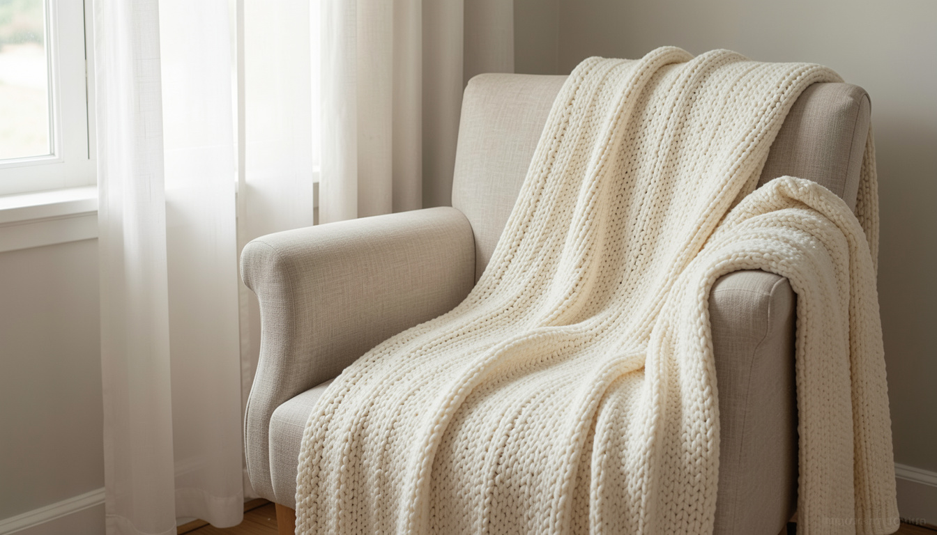 A cream knit throw draped over a linen armchair near a window with sheer curtains.