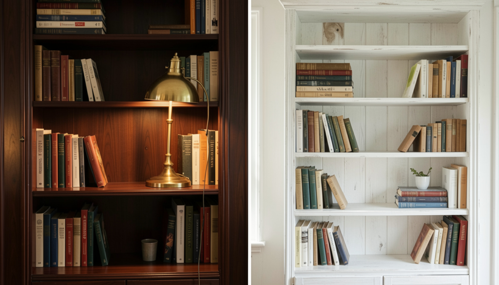 A dark wood bookshelf with brass lamp lighting versus a whitewashed bookshelf in natural daylight.