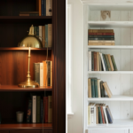 A dark wood bookshelf with brass lamp lighting versus a whitewashed bookshelf in natural daylight.