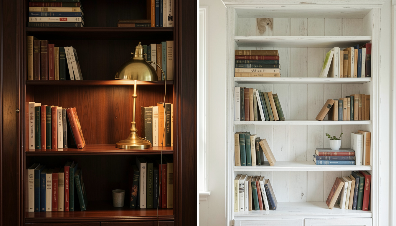 A dark wood bookshelf with brass lamp lighting versus a whitewashed bookshelf in natural daylight.