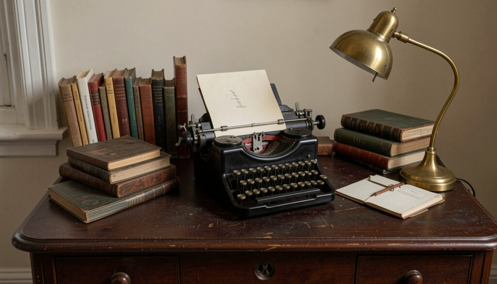 A dark wood writing desk with a vintage typewriter, stacked books, and a brass desk lamp.