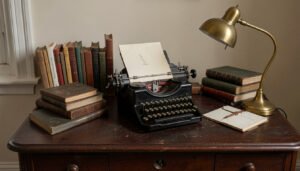 A dark wood writing desk with a vintage typewriter, stacked books, and a brass desk lamp.