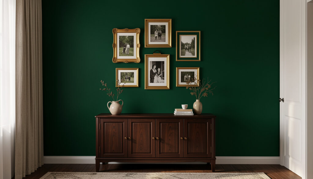 A deep forest green accent wall paired with dark wood furniture and gold picture frames.