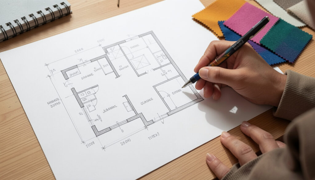 A designer sketching a floor plan alongside fabric swatches]