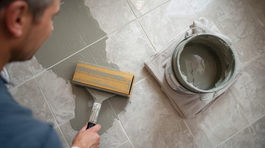 A homeowner applying grout to a newly tiled bathroom floor using a rubber float, with clean tile joints and a bucket of grout mixture visible nearby.