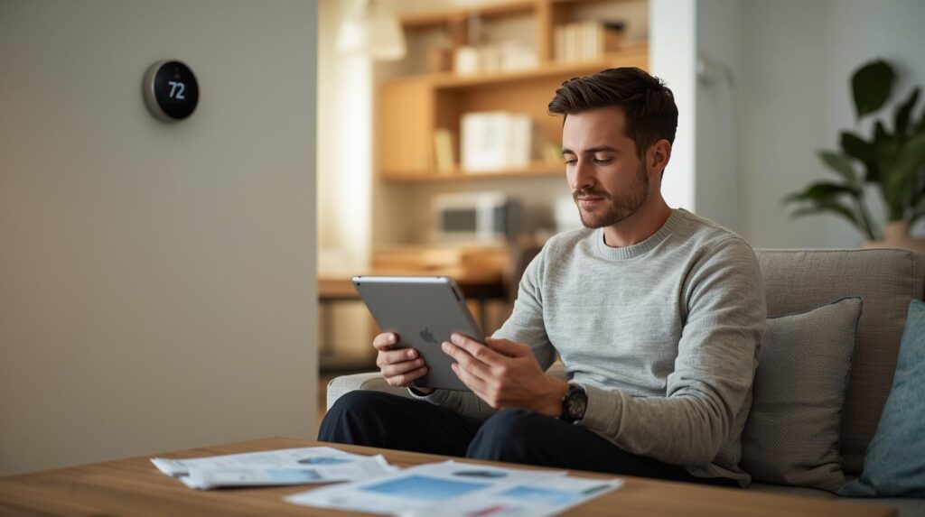 A homeowner reviewing energy usage data on a tablet inside their home – showing smart thermostat and utility bills