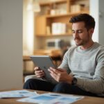 A homeowner reviewing energy usage data on a tablet inside their home – showing smart thermostat and utility bills