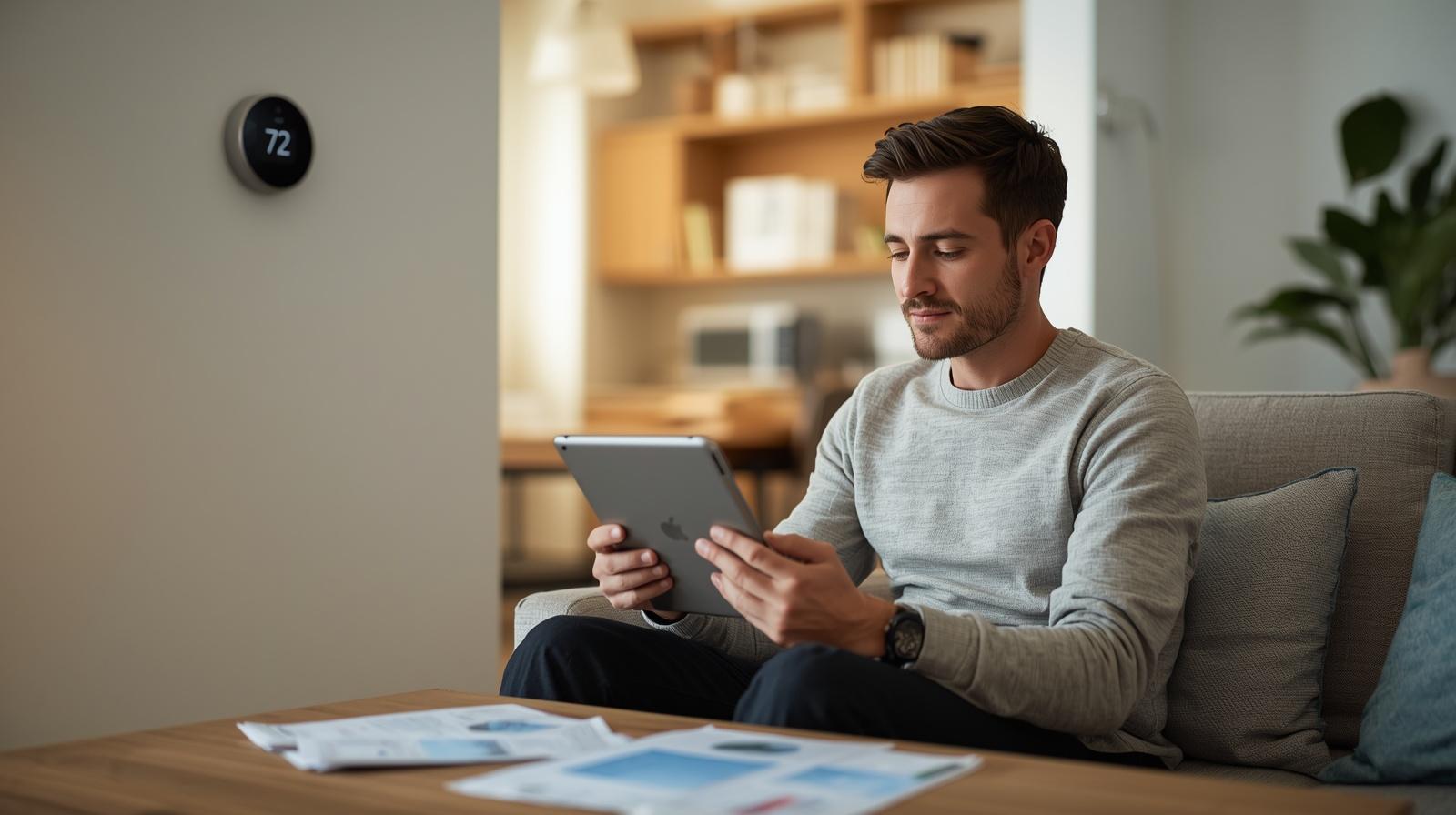 A homeowner reviewing energy usage data on a tablet inside their home – showing smart thermostat and utility bills