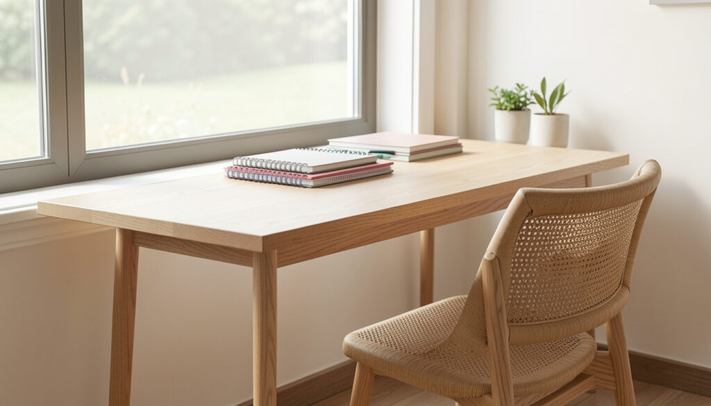 A light wood desk positioned beneath a large window with a woven chair and stacked notebooks.