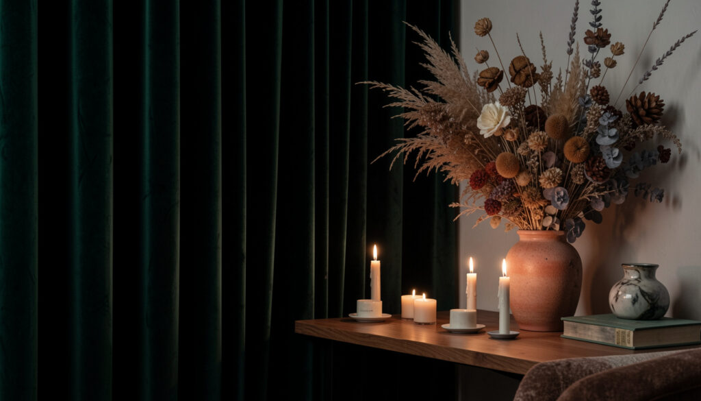 A moody study corner with velvet curtains, candles, and a dried botanical arrangement on a wooden shelf.