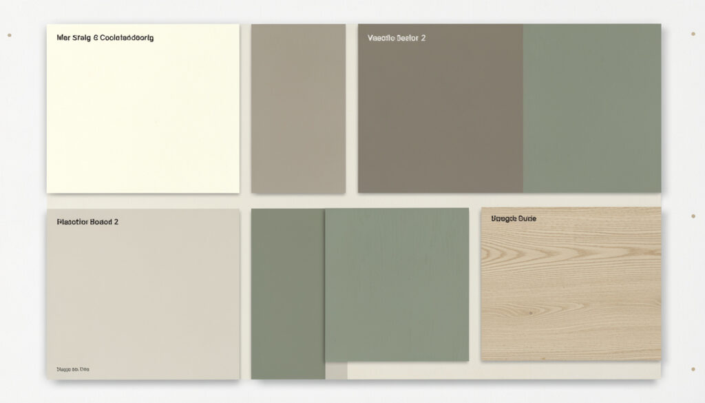 A neutral color palette board featuring cream, taupe, sage green, and light oak wood swatches.