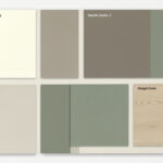 A neutral color palette board featuring cream, taupe, sage green, and light oak wood swatches.