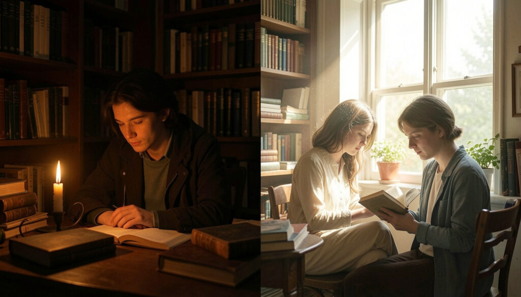 A person reading by candlelight in a dark academia setting next to a person reading by a sunny window in a light academia setting.