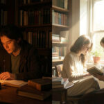 A person reading by candlelight in a dark academia setting next to a person reading by a sunny window in a light academia setting.