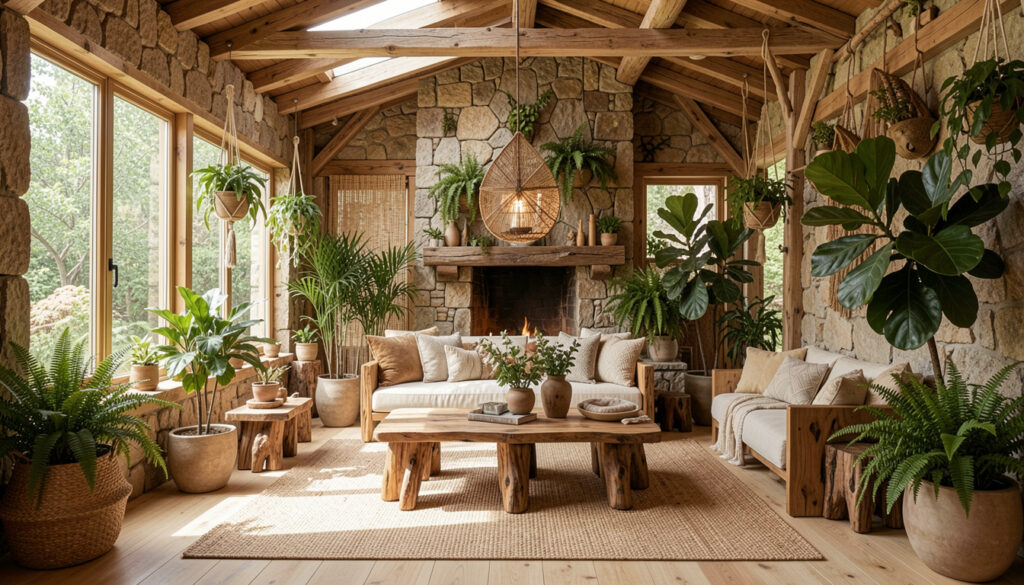 A room featuring natural materials — wood, stone, plants — biophilic style