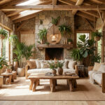 A room featuring natural materials — wood, stone, plants — biophilic style