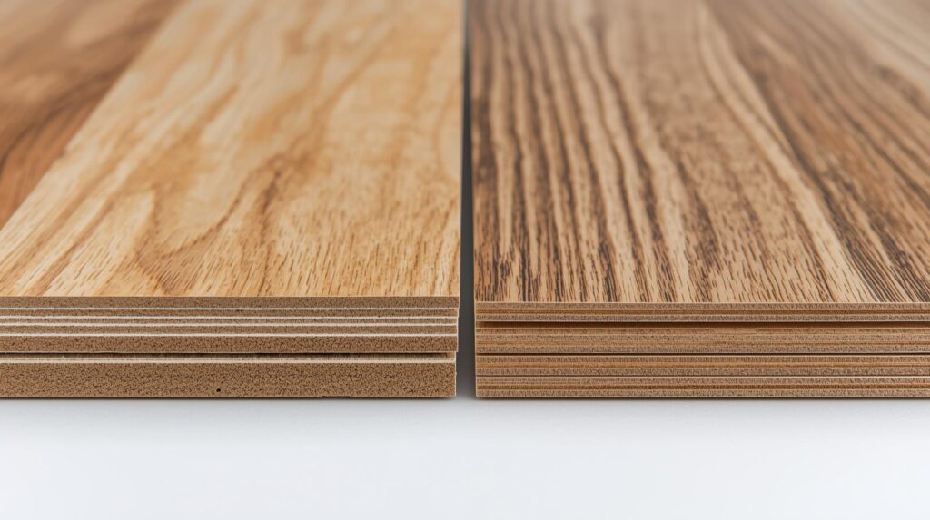 A side-by-side close-up comparison of vinyl plank flooring and laminate flooring, showing cross-section layers and surface texture differences.